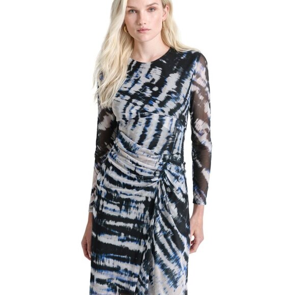DKNY Petite Printed Side-Ruched Sheer-Sleeve Mesh Dress – Black/Blue (NWT, 4P) - Picture 3 of 5